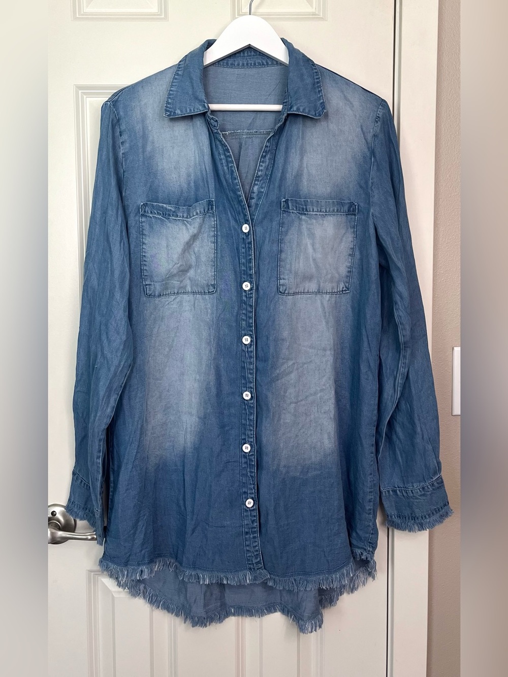 Cupshe Denim Button-Front Frayed Longline Shirt
NWOT